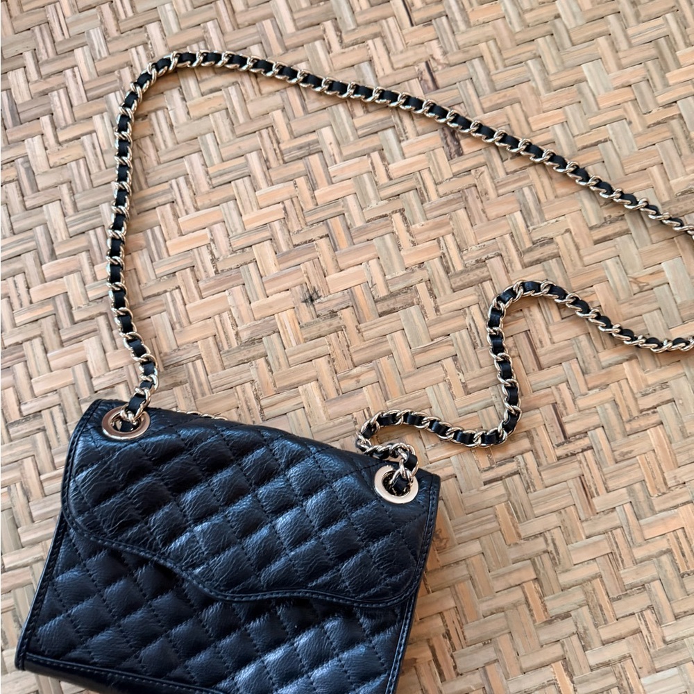 REBECCA MINKOFF BLACK LEATHER QUILTED PURSE 2 WAY SHOULDER CROSSBODY GOLD CHAIN - Picture 8 of 13